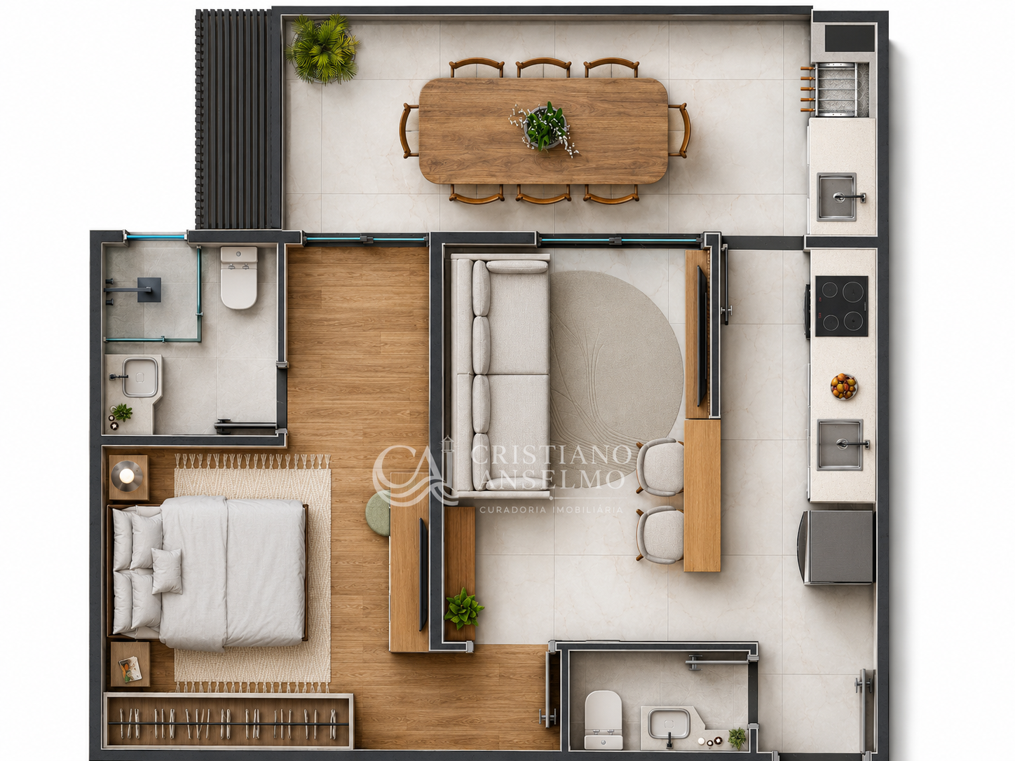 Planta 3D humanizada do apartamento de 53,50 m² com 1 suíte no Ruy Barbosa Residencial em Caraguatatuba, Cristiano Anselmo