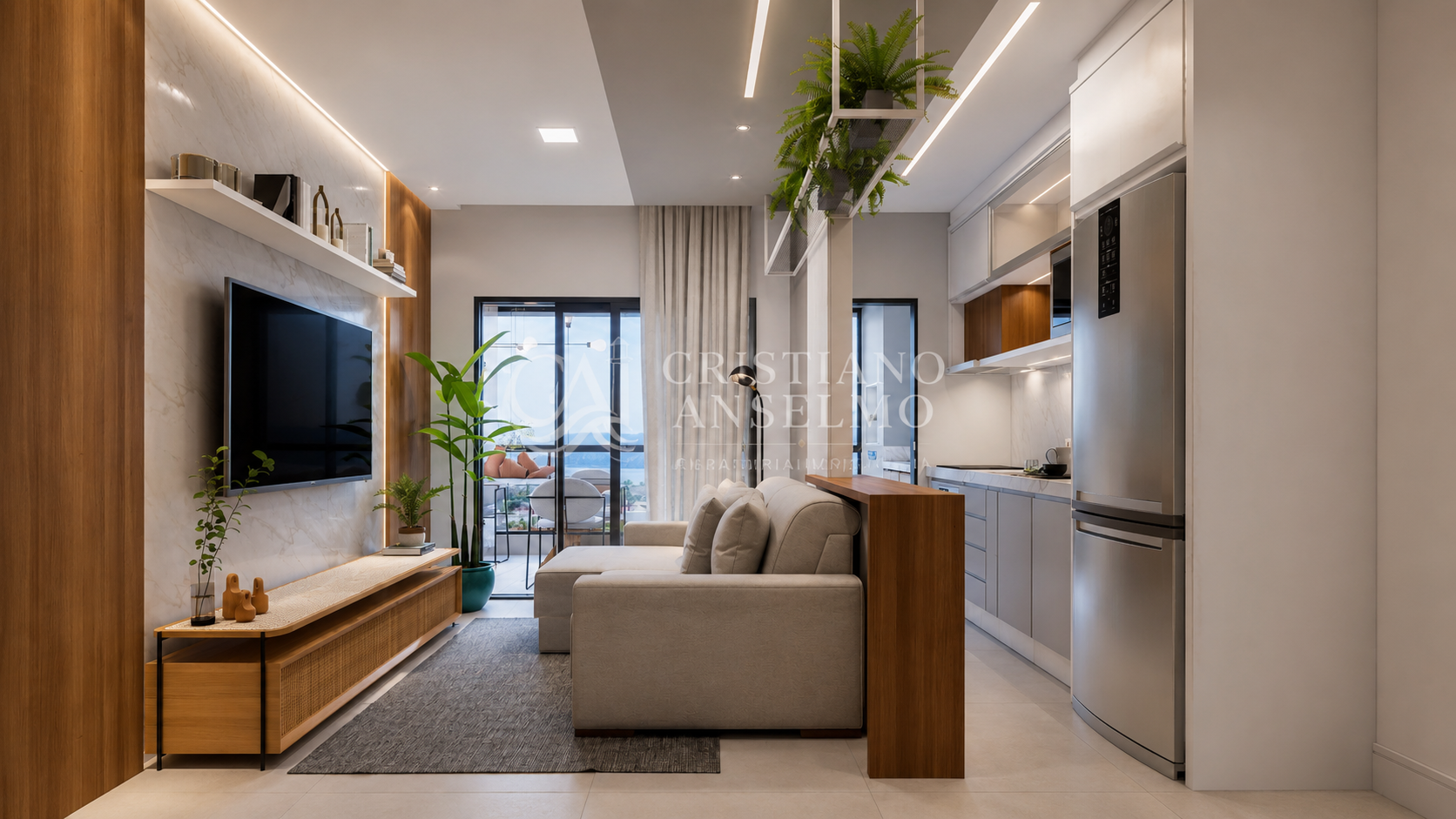 Sala integrada com cozinha do apartamento de 53,50 m² no Ruy Barbosa Residencial em Caraguatatuba, Cristiano Anselmo